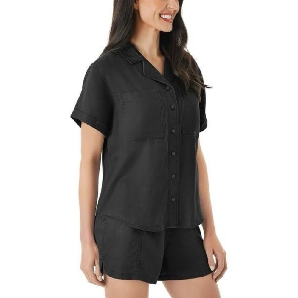 Women Tencel Camp Black Button-Up Shirt Size XL Short Sleeves New - Picture 3 of 7